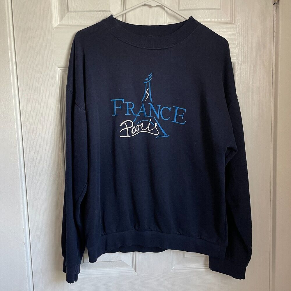 Vintage Paris France Embroidered Navy Blue Sweatshirt Eiffel Tower size S/M